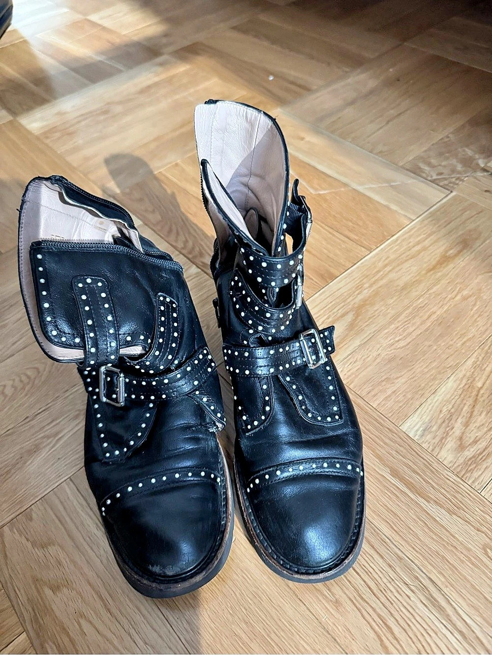 Stuart Weitzman Studded Buckle Combat Boots in Black